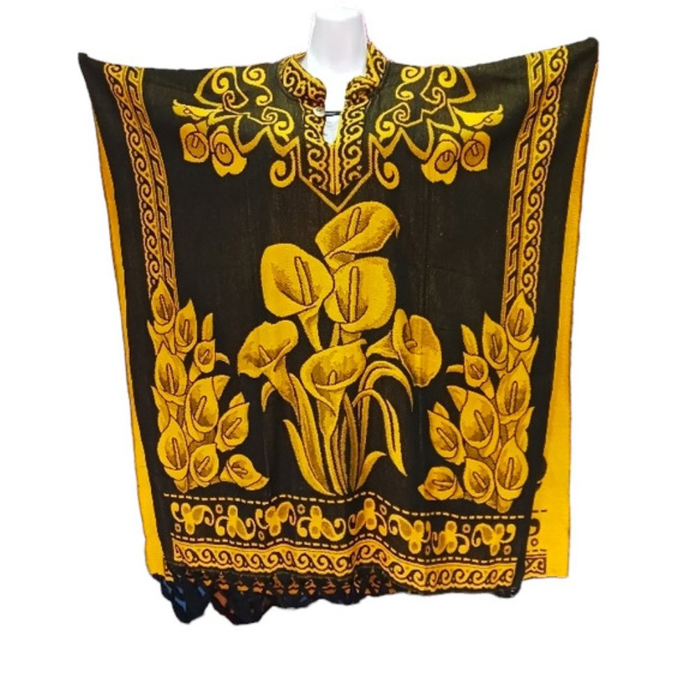 Mexican Women's Jorongo with Peacock Design | Acrylic Boho Poncho | Gold